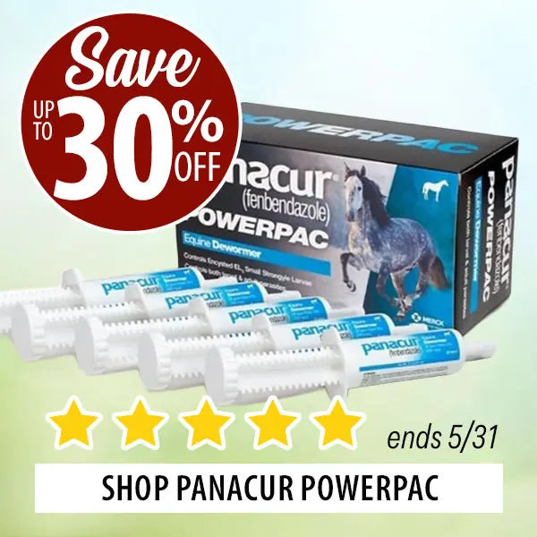 Panacur Powerpac dewormer packaging with syringes and promotional text on a light green background