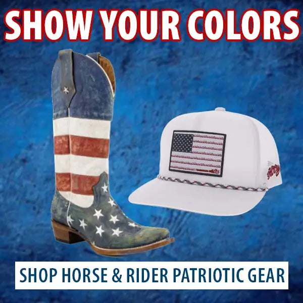 Patriotic boot and cap with American flag design on a blue textured background