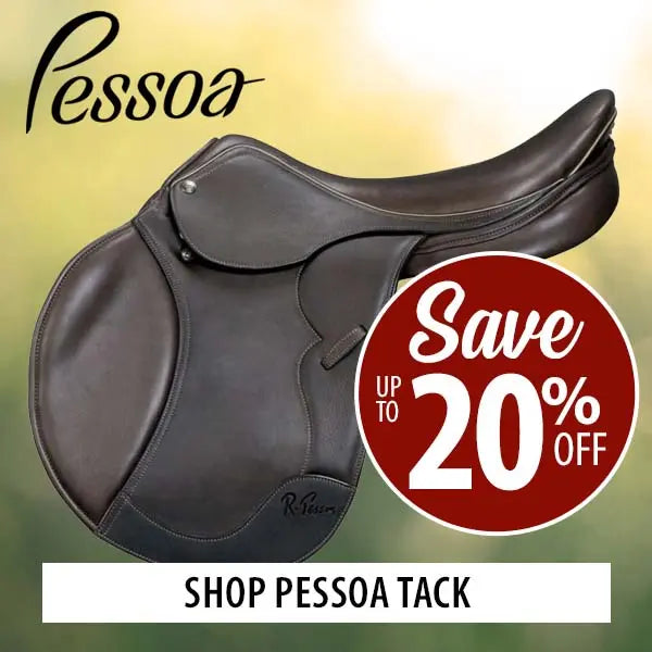 A dark brown leather equestrian saddle shown on a soft yellow-green gradient background with the Pessoa brand name at top left and a red circular sale badge reading 'Save up to 20% off.'.