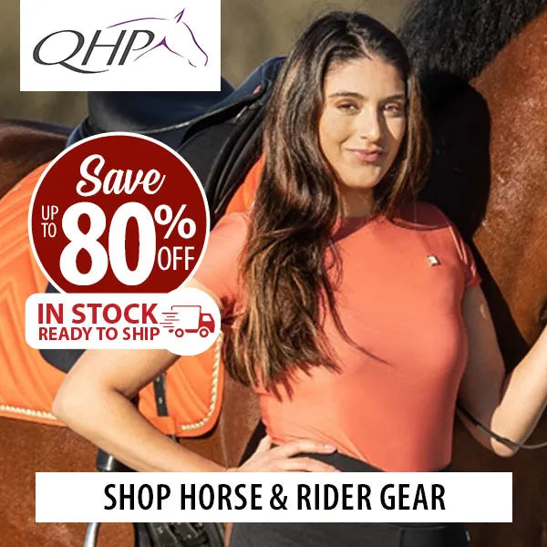 Woman standing next to a horse with promotional text overlay for QHP horse and rider gear.