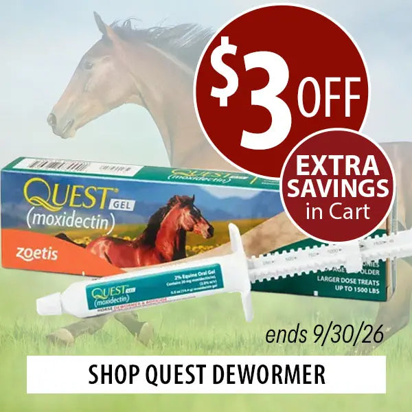 A promotional graphic for Quest Moxidectin gel for horses, showing the product tube and box in front of a horse photo, with large sale text reading '$3 OFF' and 'EXTRA SAVINGS in Cart'.