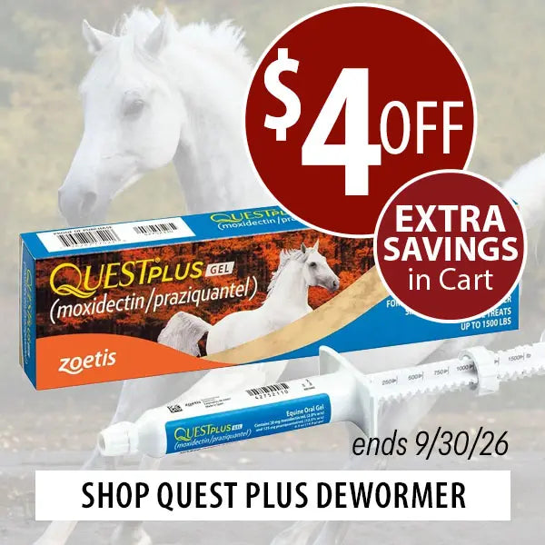 Zoetis Quest Plus Gel dewormer product shown with a syringe and box, overlaid with promotional sale graphics including a large red '$4 OFF' badge and 'EXTRA SAVINGS in Cart' text, on a horse background.