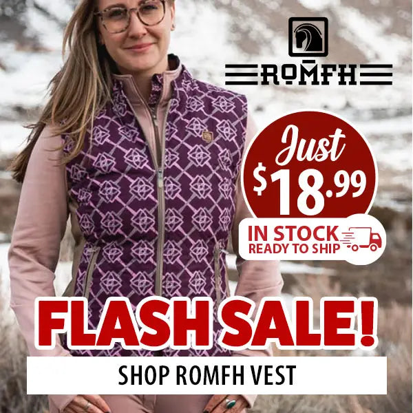 Woman wearing a purple vest with ROMFH branding and promotional text for a flash sale.