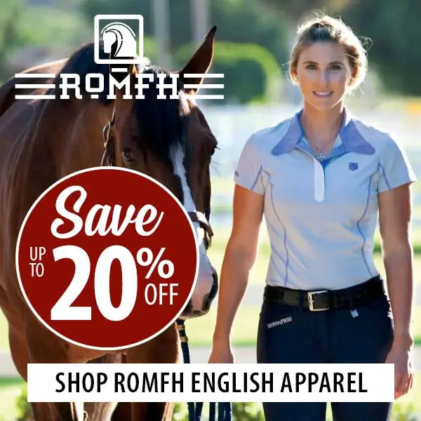 A promotional outdoor photo showing a woman in a light blue and gray Romfh polo shirt and dark riding pants standing beside a brown horse. Large text overlays read 'ROMFH', 'Save up to 20% OFF', and 'SHOP ROMFH ENGLISH APPAREL'.