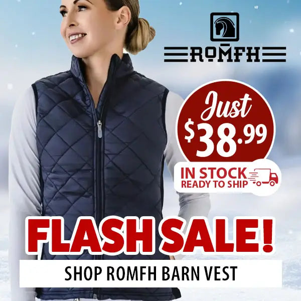Promotional image of a woman wearing a black quilted vest with ROMFH branding and flash sale text.