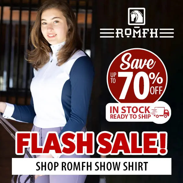 Promotional advertisement for ROMFH showing a woman in equestrian attire with a flash sale and discount text.