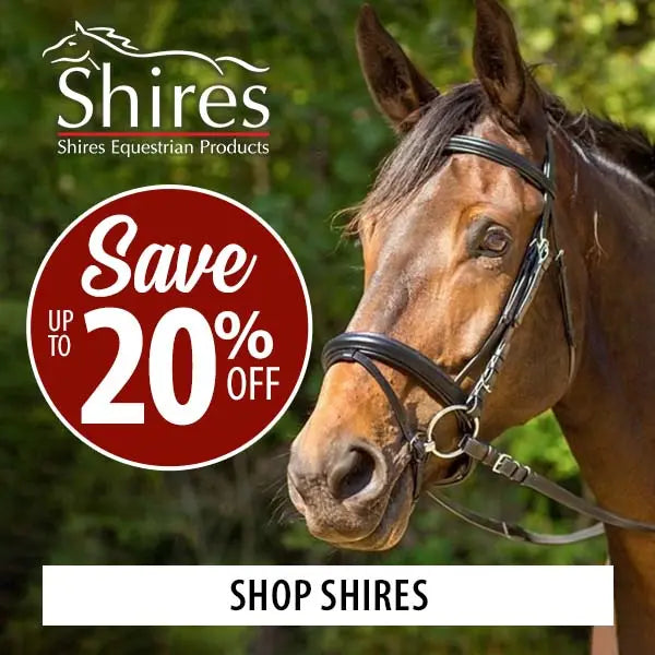 Promotional graphic for Shires Equestrian Products featuring a close-up of a brown horse wearing a black bridle against a green outdoor background, with large text reading 'Save up to 20% off' and 'SHOP SHIRES'.