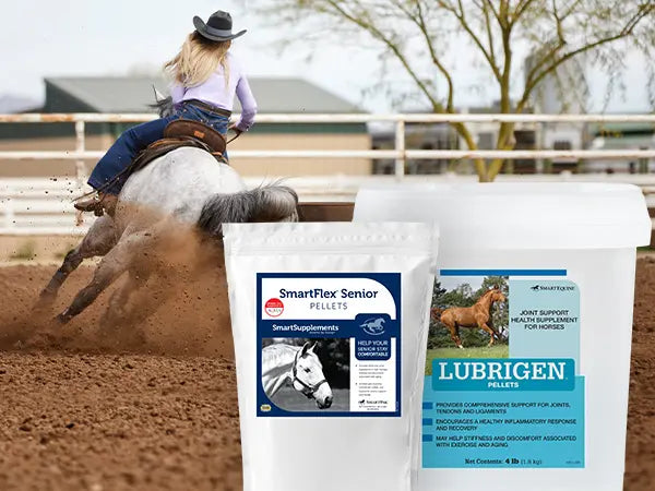 Horse and rider in an outdoor setting with SmartFlex Senior and Lubrigen products displayed.