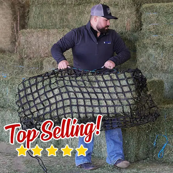 Man carrying a bale of hay with hay net. Advertising Top Selling with 5 stars