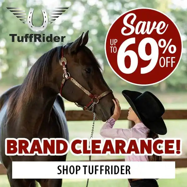 Young girl with horse advertising 69% off Tuffrider brand sale
