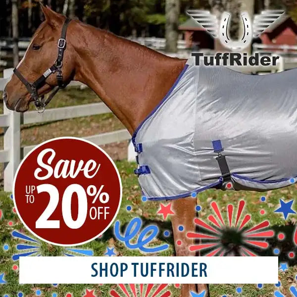 Horse wearing a TuffRider fly sheet with promotional text overlay.