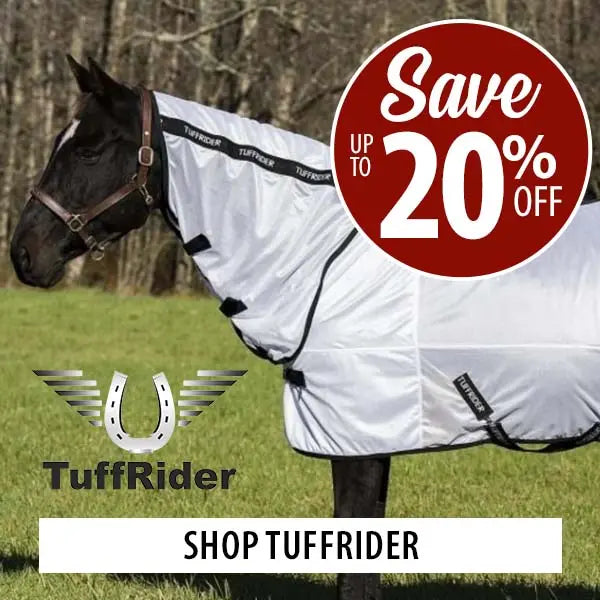 A horse standing in a grassy field wearing a white TuffRider fly sheet, with a large red circular sale badge reading 'Save up to 20% off' and a TuffRider logo and 'SHOP TUFFRIDER' text overlay.