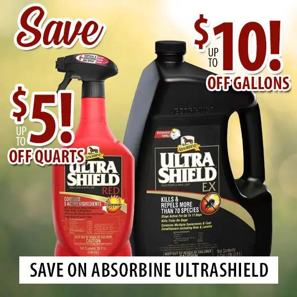 Two bottles of Absorbine Ultrashield with promotional text on a green background