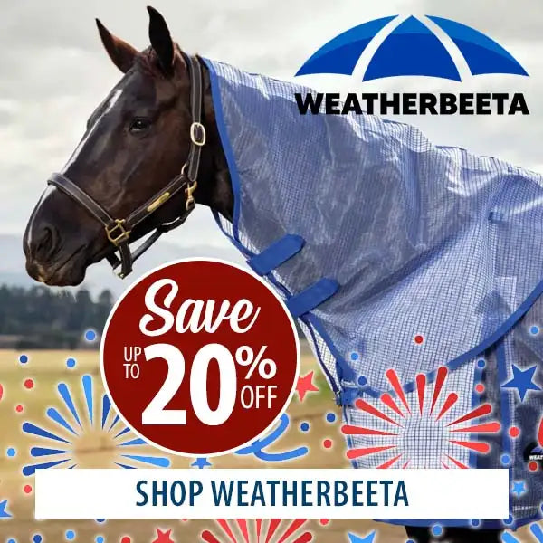 Horse wearing a Weatherbeeta fly sheet with promotional text overlay