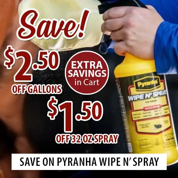 Person holding a Pyranha Wipe N' Spray bottle with promotional text overlay.