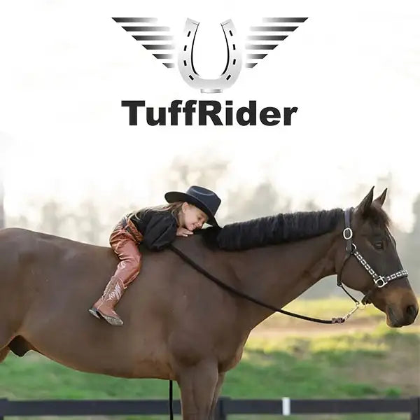 Small girl on horse with Tuffrider brand logo